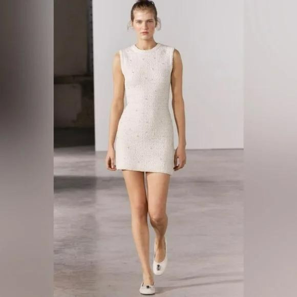 WHITE PEARL TRIM KNIT MINI DRESS